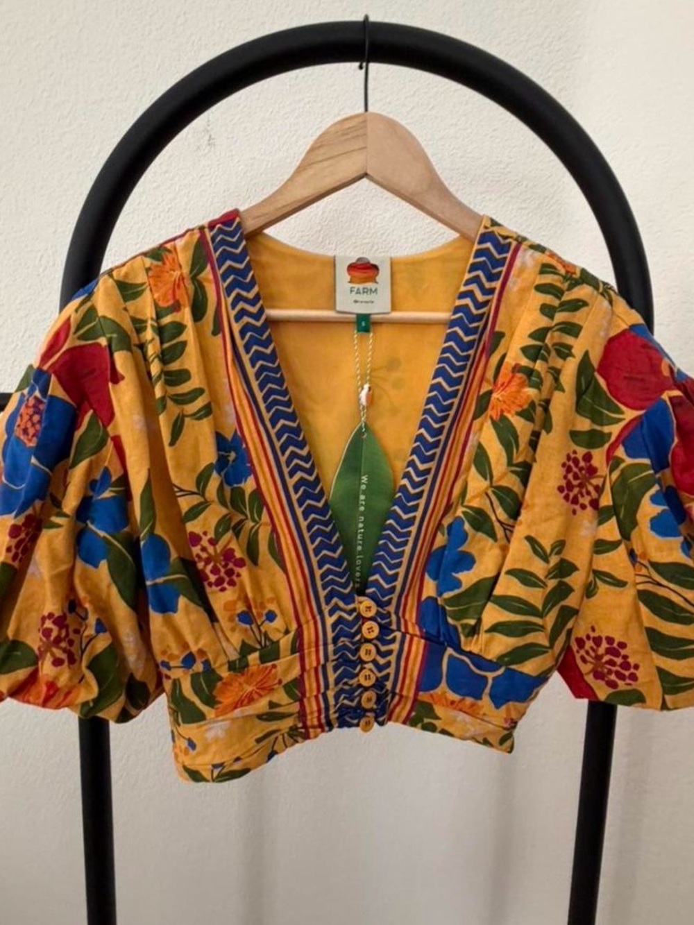 Farm Rio Yellow Floral V-Neck Puff Sleeve Crop Top